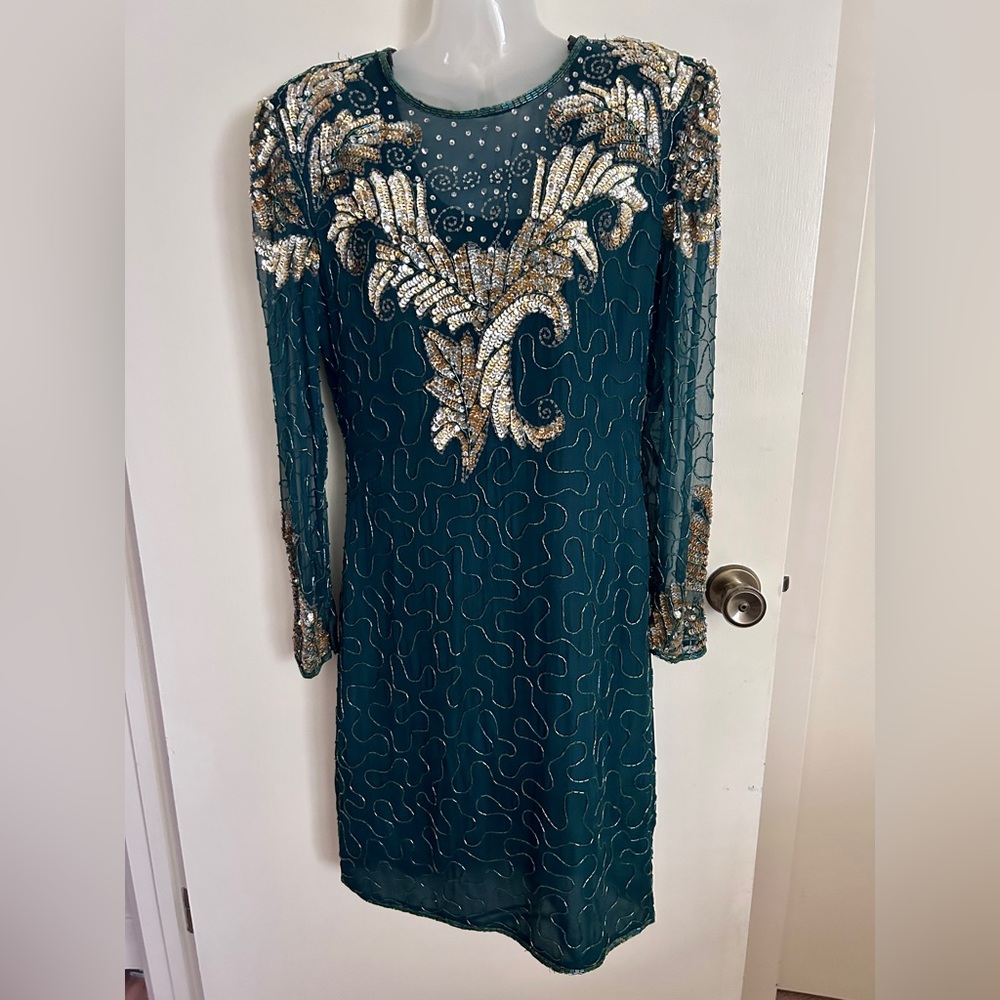 Vintage Laurence Kazar New York, Green Gold  Sequin beaded dress. Women’s Medium
